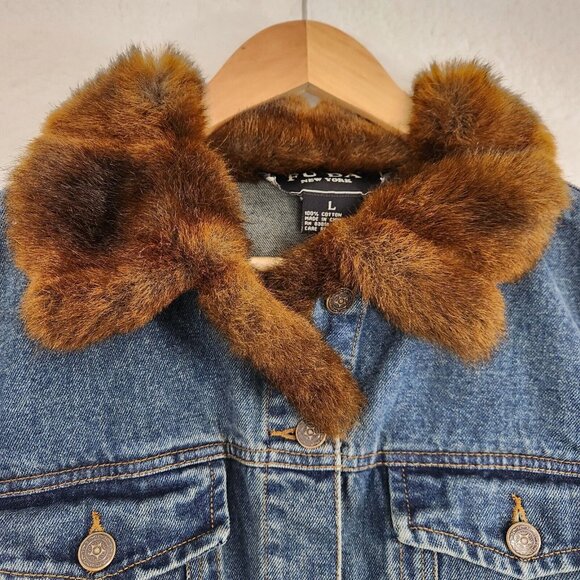 Jean Jacket With Faux Fur Brown Blue Large Vintage - Picture 4 of 9